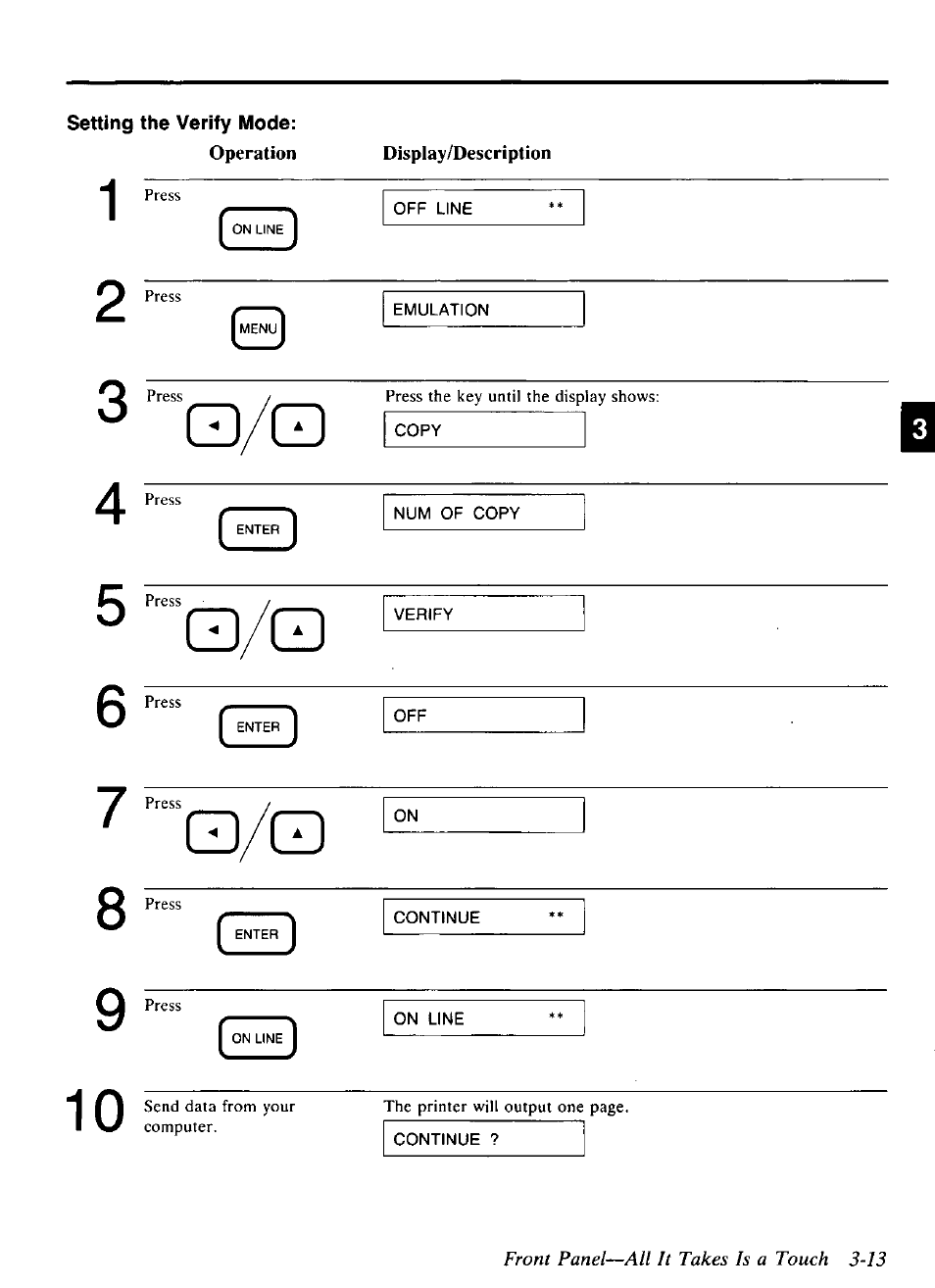 Front panel—all it takes is a touch 3-13 | Panasonic KX-P4440 User Manual | Page 57 / 152