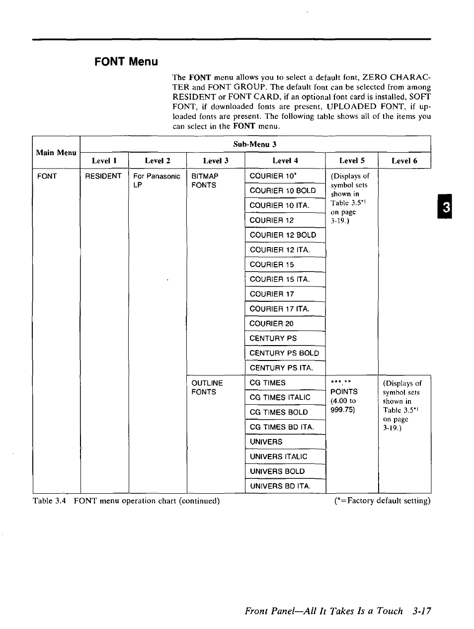 Front panel—all it takes is a touch 3-17, Font menu | Panasonic KX-P4440 User Manual | Page 61 / 152
