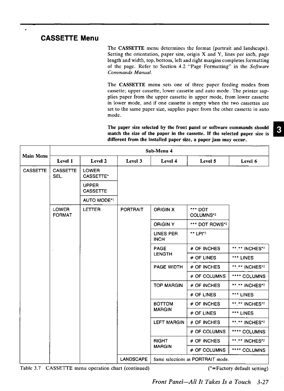 Front panel—all it takes is a touch 3~27, Sub-menu 4 level 1, Level 2 | Level 3 level 4 level 5 level 6, Cassette menu | Panasonic KX-P4440 User Manual | Page 71 / 152