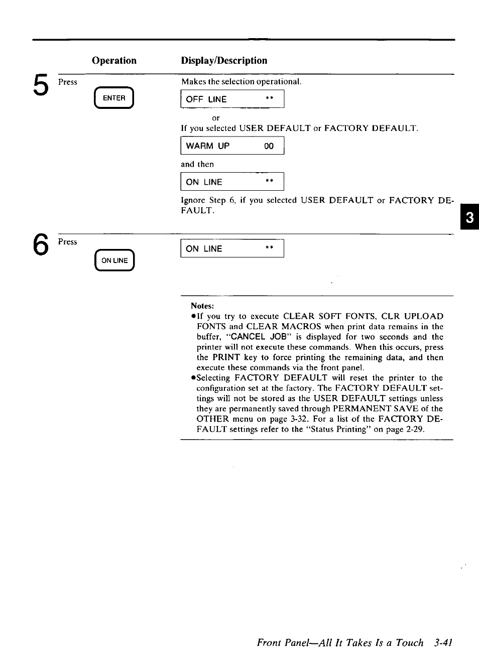 Front panel—all it takes is a touch 3-41, Operation, Display/description | Panasonic KX-P4440 User Manual | Page 85 / 152