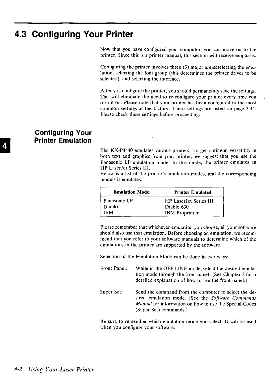 2 using your laser printer, 3 configuring your printer, Configuring your printer emulation | Panasonic KX-P4440 User Manual | Page 90 / 152