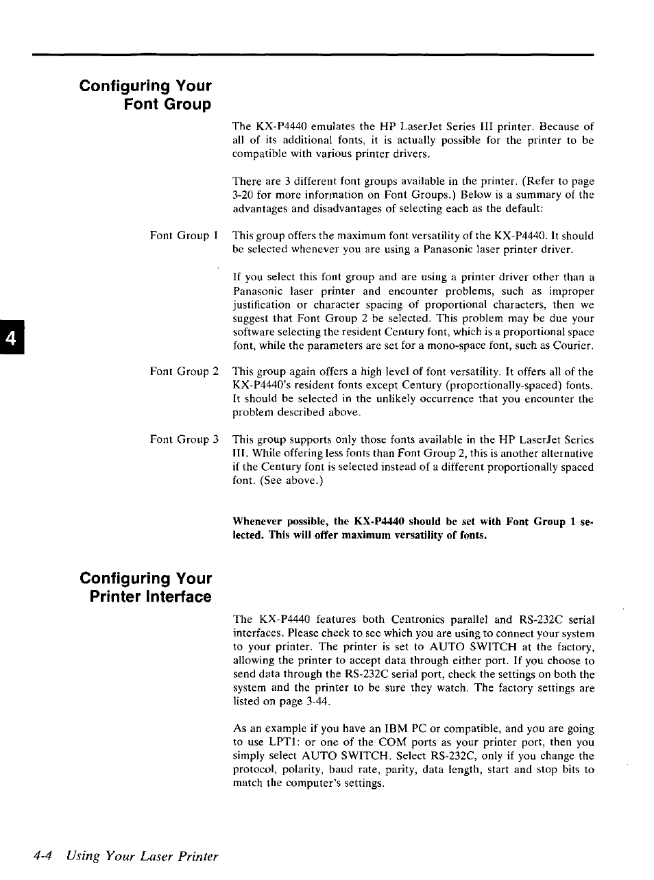 4 using your laser printer, Configuring your font group, Configuring your printer interface | Panasonic KX-P4440 User Manual | Page 92 / 152