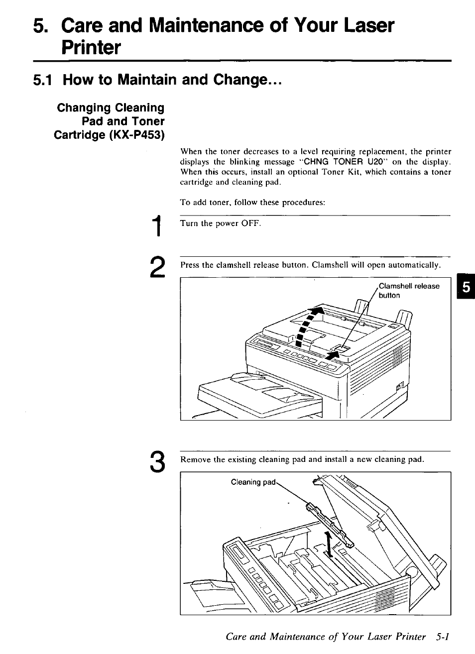 Care and maintenance of your laser printer, Care and maintenance of your laser printer 5-1, 1 how to maintain and change | Panasonic KX-P4440 User Manual | Page 95 / 152