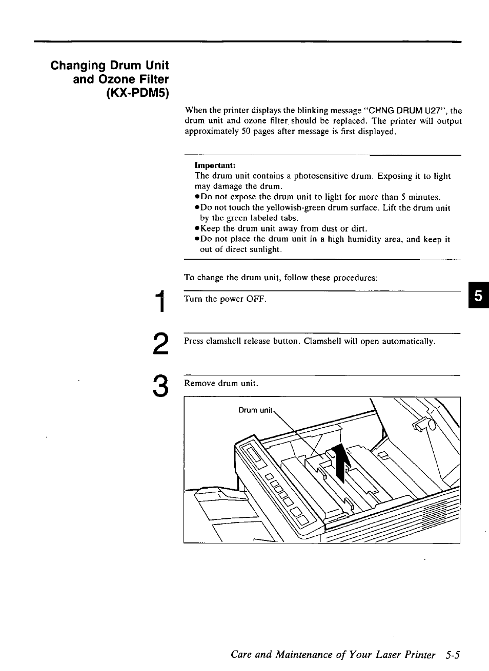 Care and maintenance of your laser printer 5-5, Important, Changing drum unit and ozone filter (kx-pdm5) | Panasonic KX-P4440 User Manual | Page 99 / 152