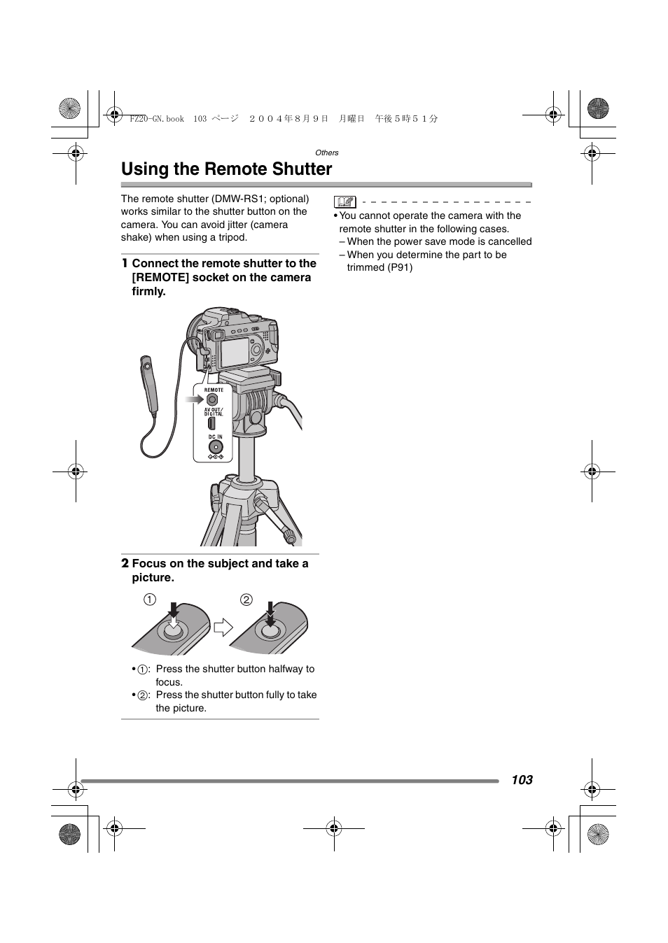 Using the remote shutter | Panasonic DMC-FZ20GN User Manual | Page 103 / 116