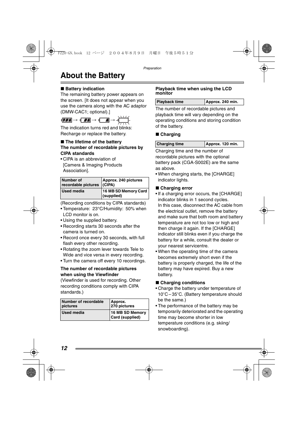 About the battery | Panasonic DMC-FZ20GN User Manual | Page 12 / 116