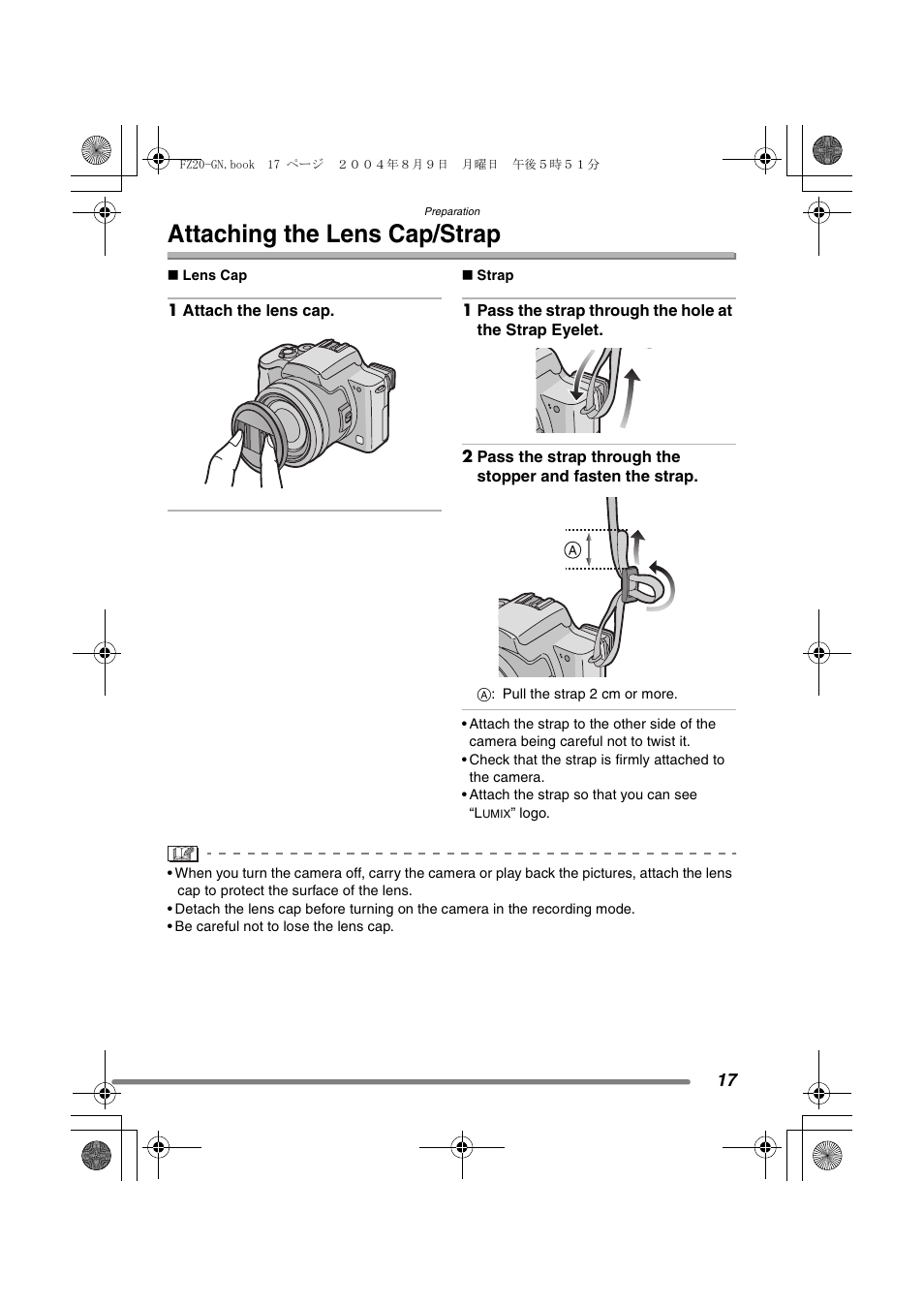 Attaching the lens cap/strap | Panasonic DMC-FZ20GN User Manual | Page 17 / 116