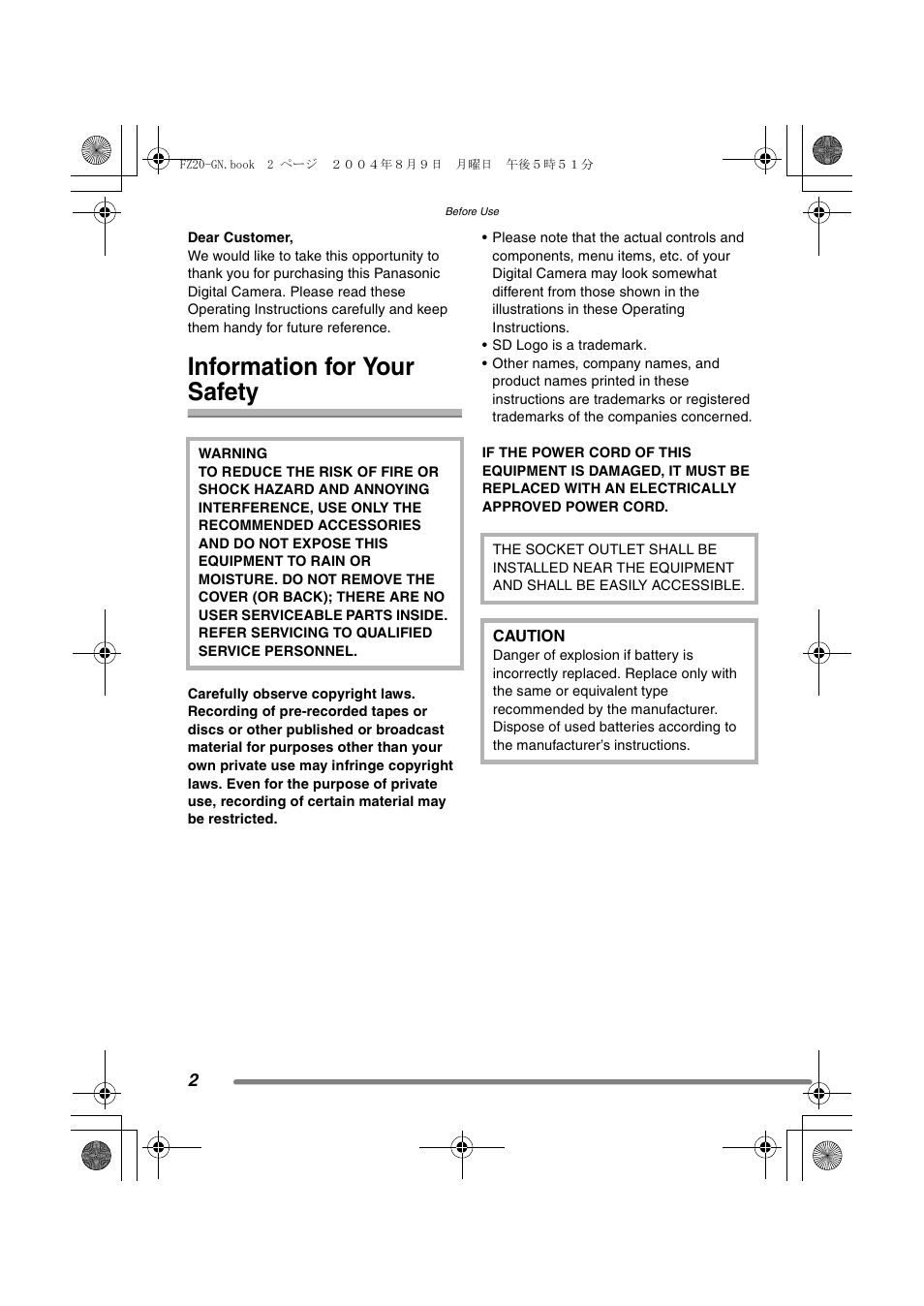 Information for your safety | Panasonic DMC-FZ20GN User Manual | Page 2 / 116