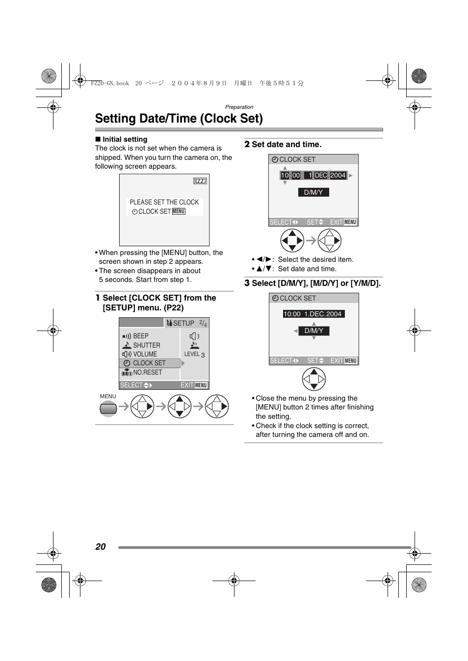 Setting date/time (clock set) | Panasonic DMC-FZ20GN User Manual | Page 20 / 116