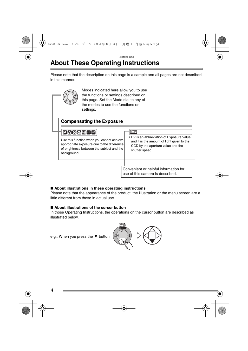 About these operating instructions, Compensating the exposure | Panasonic DMC-FZ20GN User Manual | Page 4 / 116