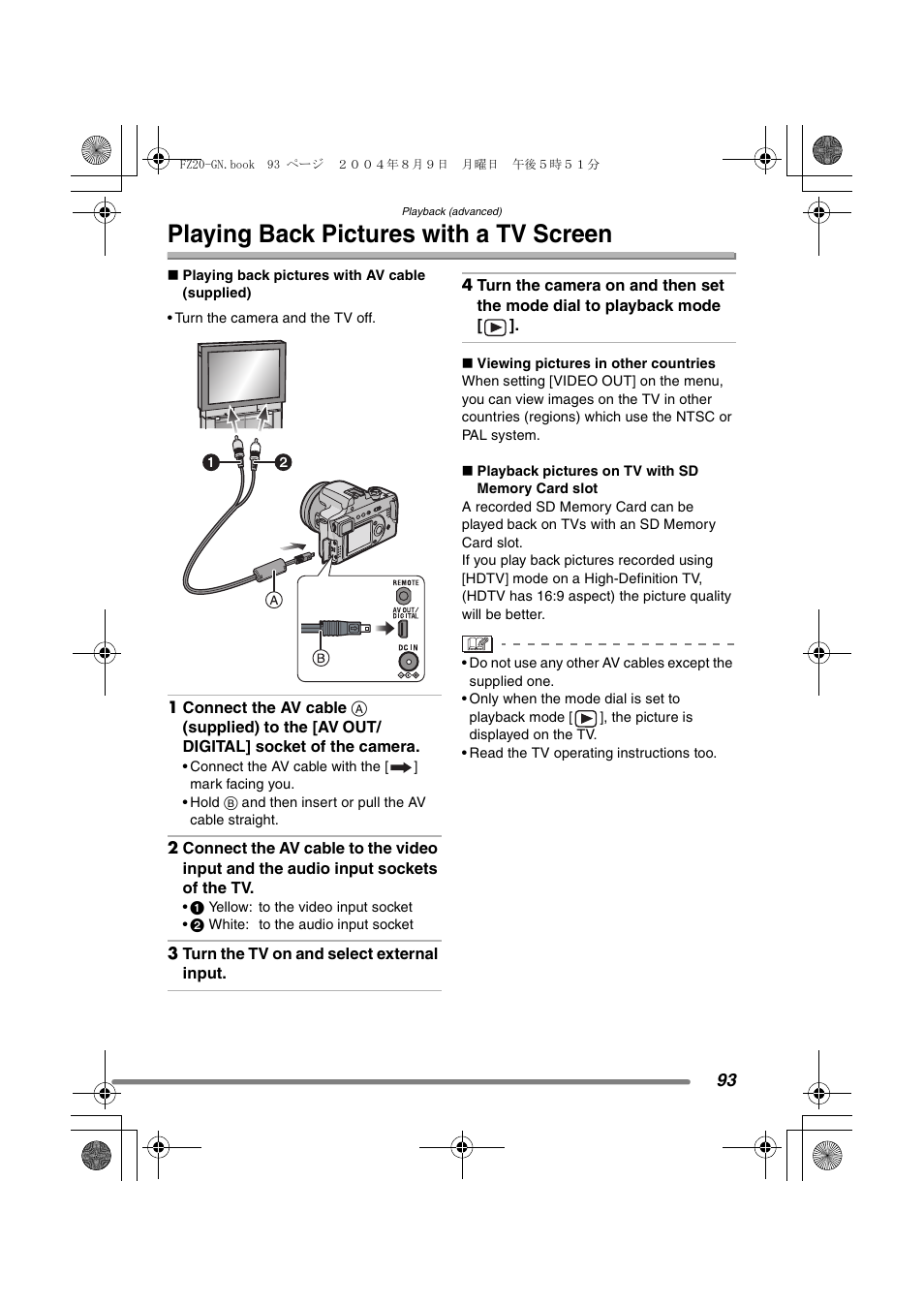 Playing back pictures with a tv screen | Panasonic DMC-FZ20GN User Manual | Page 93 / 116