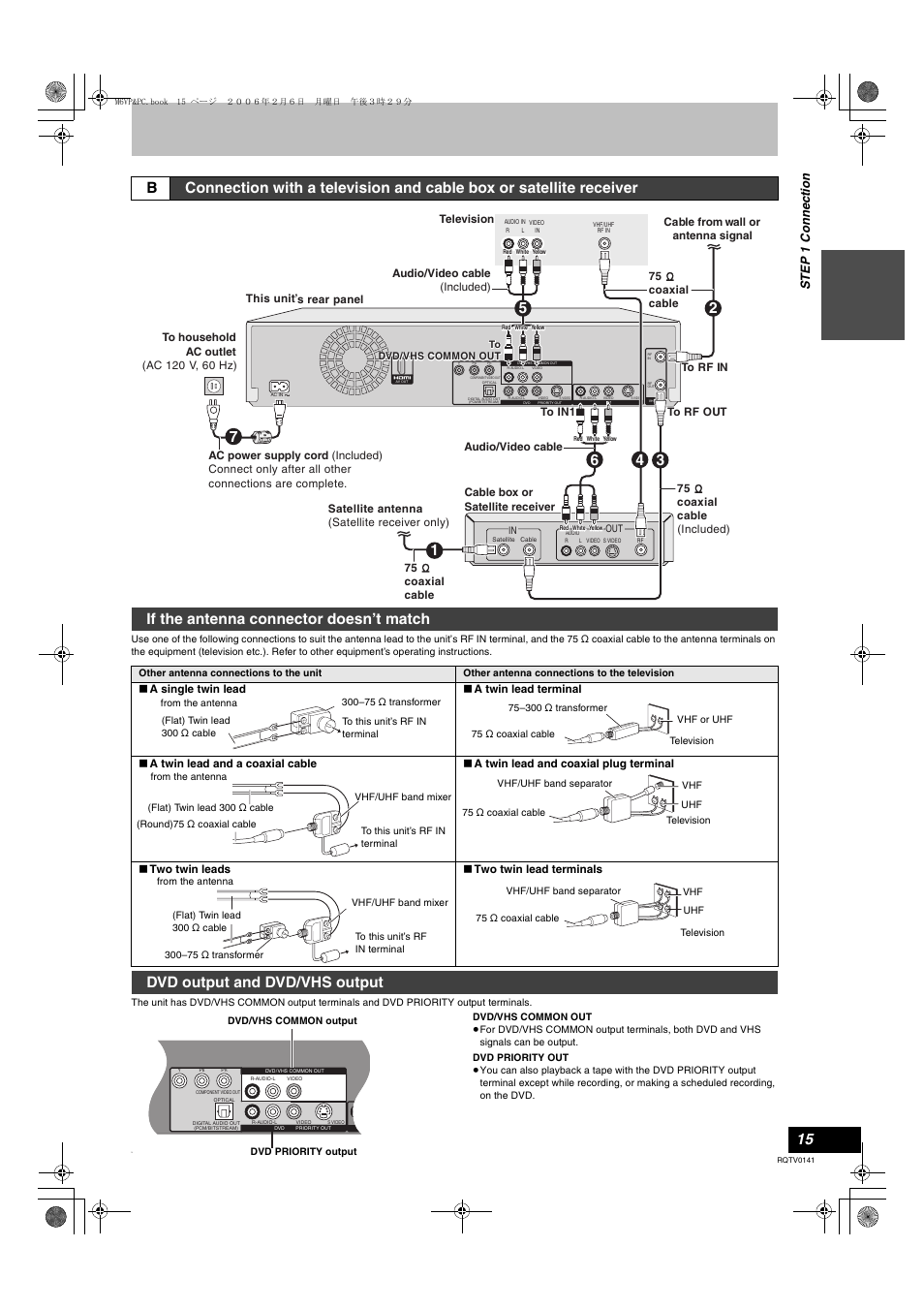 Connection with a television and, Cable box or satellite receiver, If the antenna connector doesn’t match | Dvd output and dvd/vhs output, St ep 1 conne c tion | Panasonic DMR-ES46V User Manual | Page 15 / 88