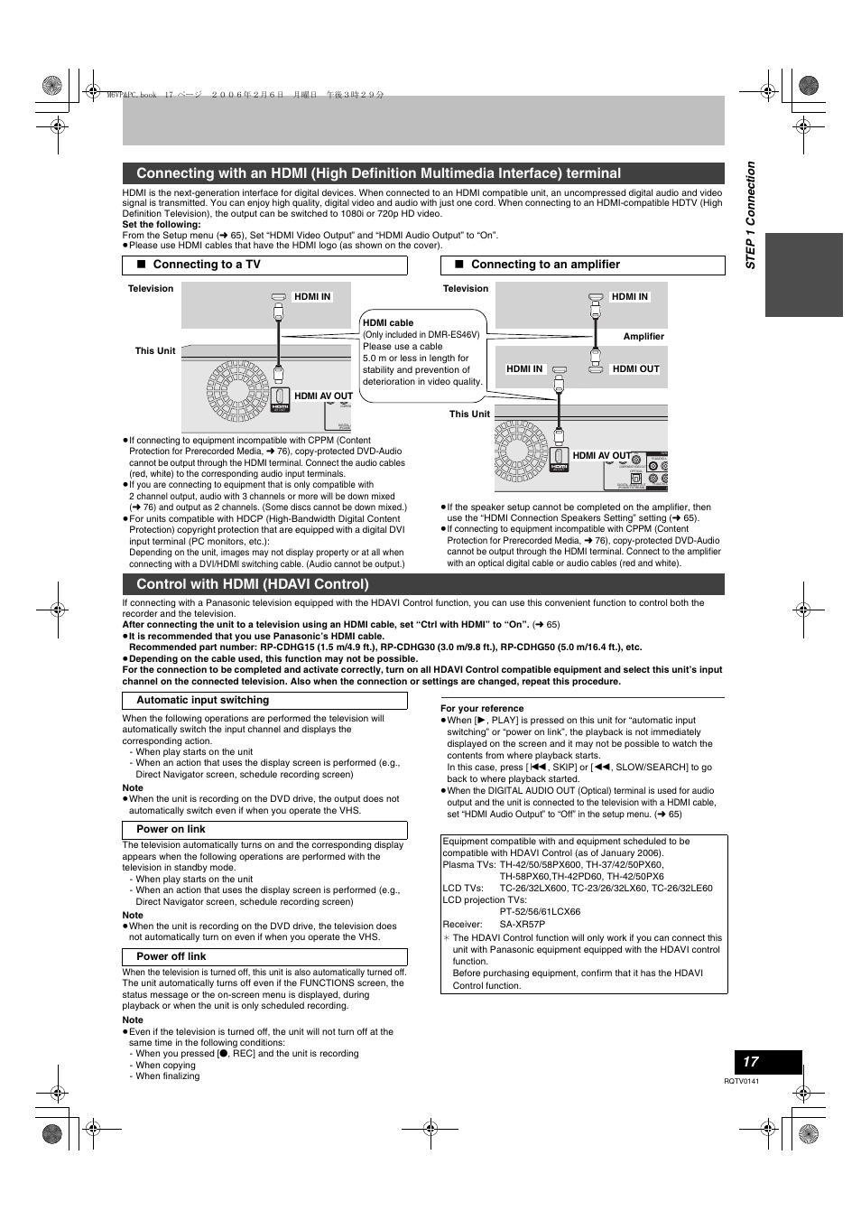 Control with hdmi (hdavi control), Connecting to a tv ∫ connecting to an amplifier, St ep 1 conne c tion | Panasonic DMR-ES46V User Manual | Page 17 / 88