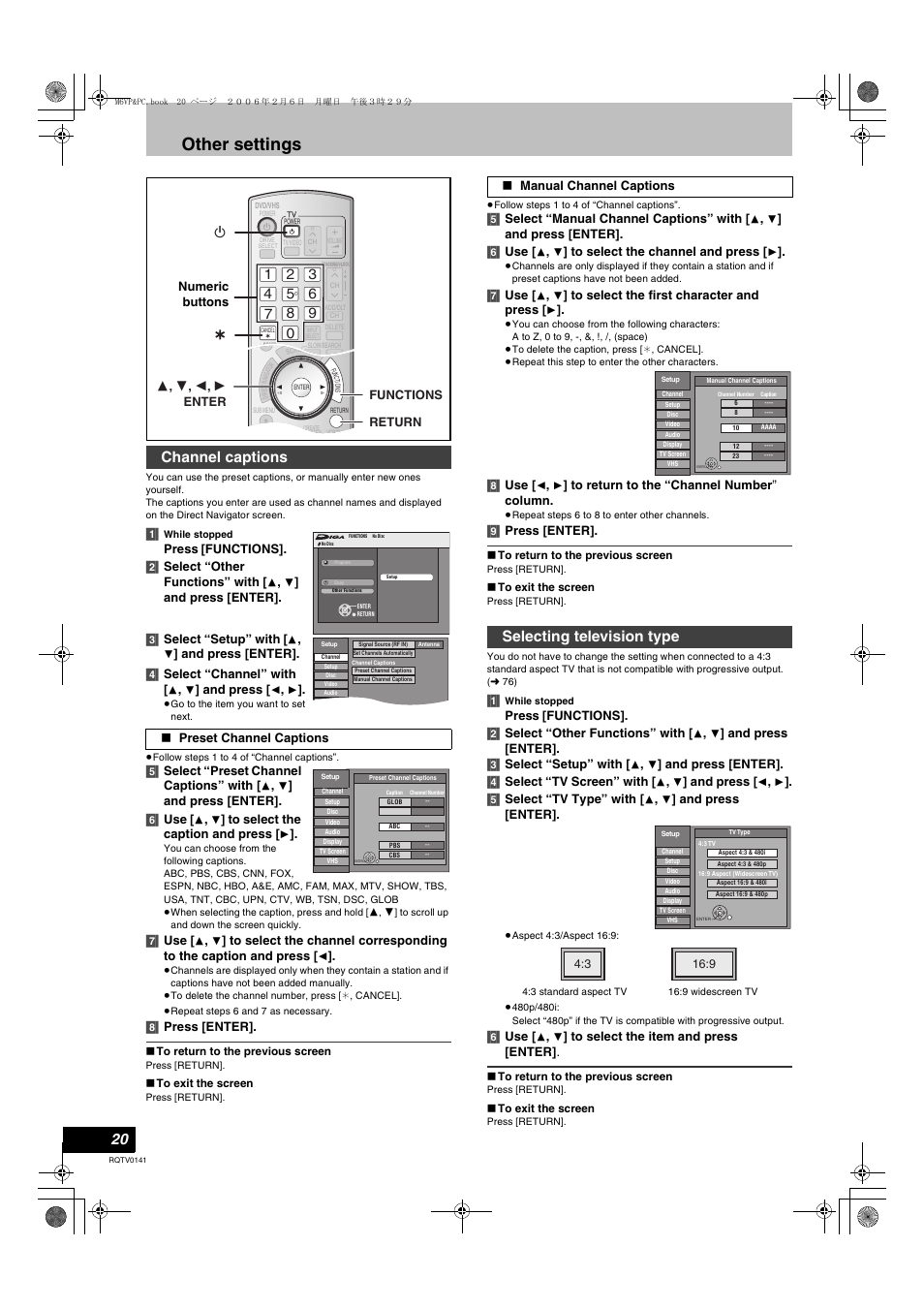 Other settings, Channel captions, Selecting television type | Panasonic DMR-ES46V User Manual | Page 20 / 88