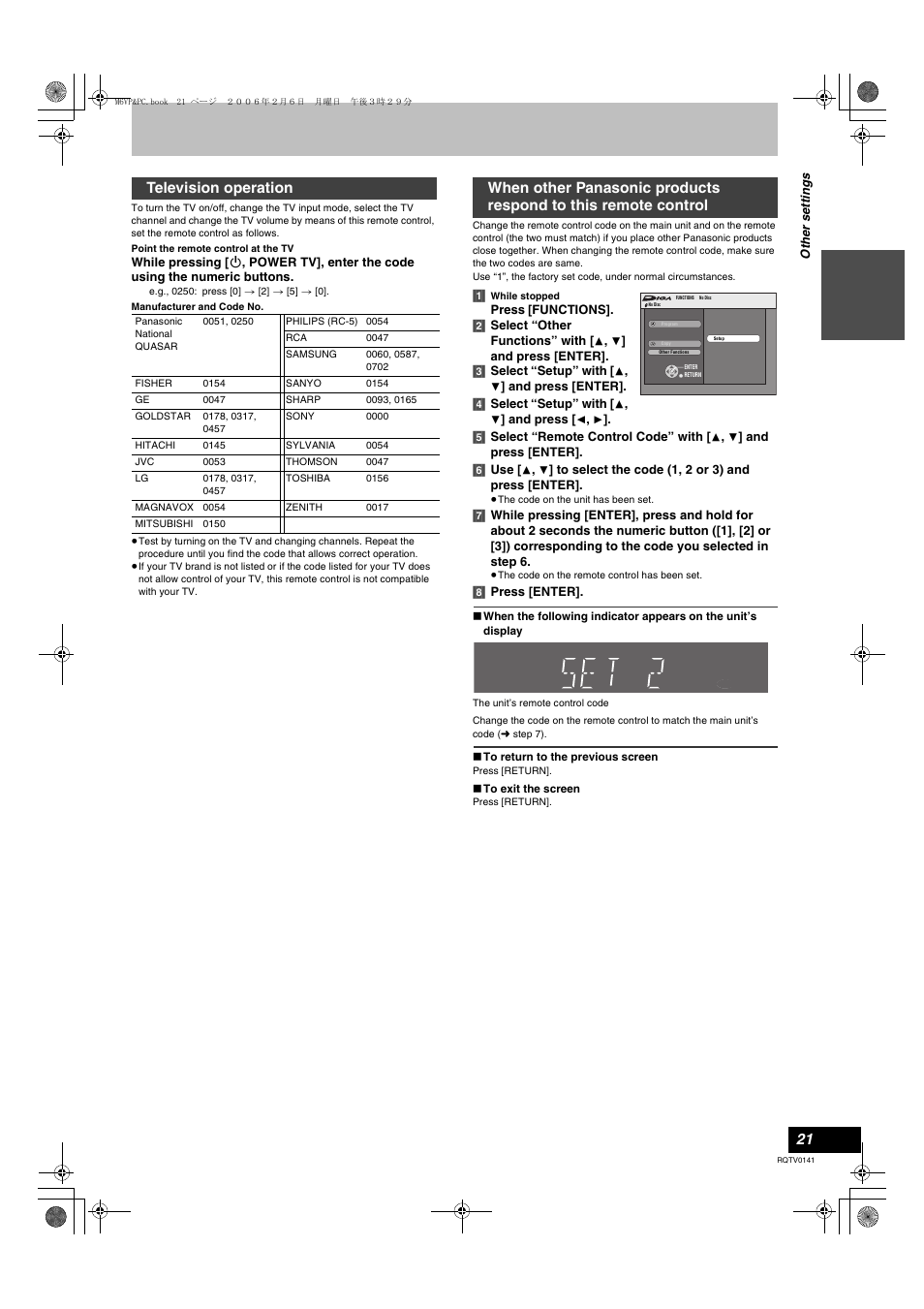 This remote control, L 21, Rer code | L 21), Television operation | Panasonic DMR-ES46V User Manual | Page 21 / 88