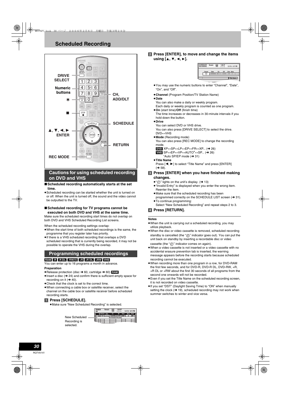 Scheduled recording, Cautions for using scheduled recording on, Dvd and vhs | Programming scheduled recordings, L 30, L 30), 1] press [schedule, 4] press [return, Numeric buttons | Panasonic DMR-ES46V User Manual | Page 30 / 88