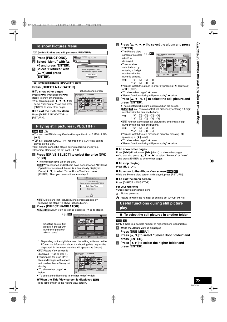 L 35, To show pictures menu, L 35) | Playing still pictures (jpeg/tiff), Useful functions during still picture play, 1] press [functions]. [2] select “menu” with, And press [enter]. [3] select “pictures” with, And press [enter]. press [direct navigator, 2] press [direct navigator, 3] press | Panasonic DMR-ES46V User Manual | Page 35 / 88