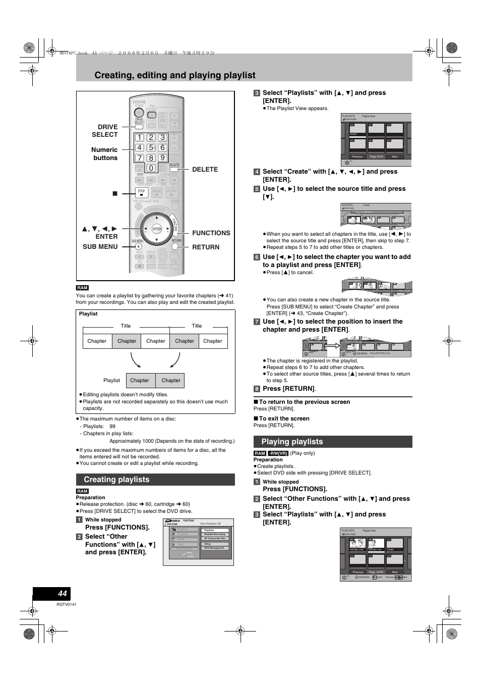 Creating, editing and playing playlist, Creating playlists playing playlists, Editing still pictures | L 44), Creating playlists, Playing playlists, And press [enter]. [3] select “playlists” with, And press [enter, 4] select “create” with, And press [enter]. [5] use | Panasonic DMR-ES46V User Manual | Page 44 / 88