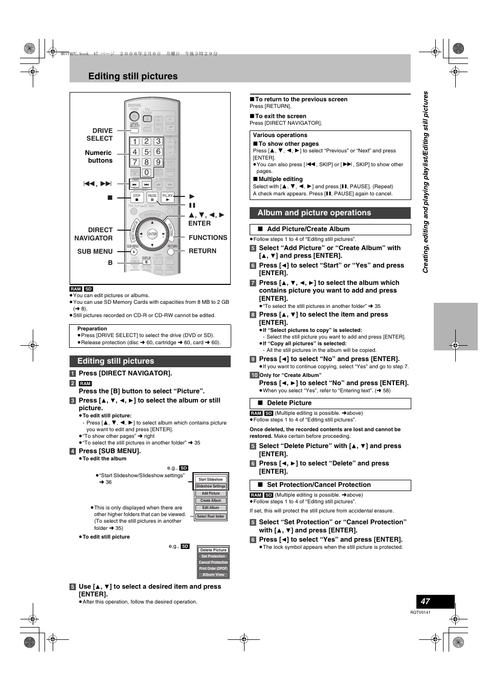 Editing still pictures, Album and picture operations | Panasonic DMR-ES46V User Manual | Page 47 / 88