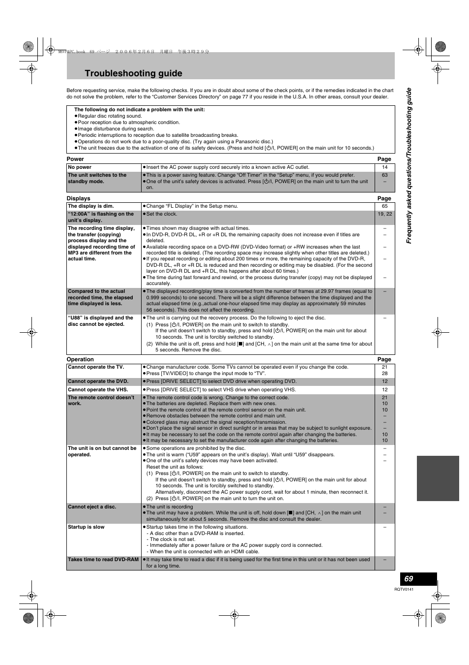 Troubleshooting guide | Panasonic DMR-ES46V User Manual | Page 69 / 88