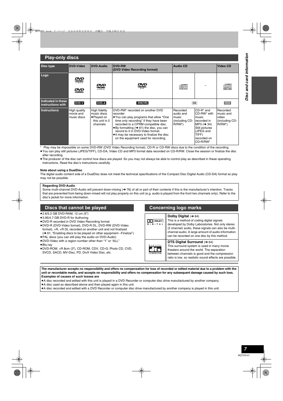 Play-only discs, Discs that cannot be played concerning logo marks | Panasonic DMR-ES46V User Manual | Page 7 / 88