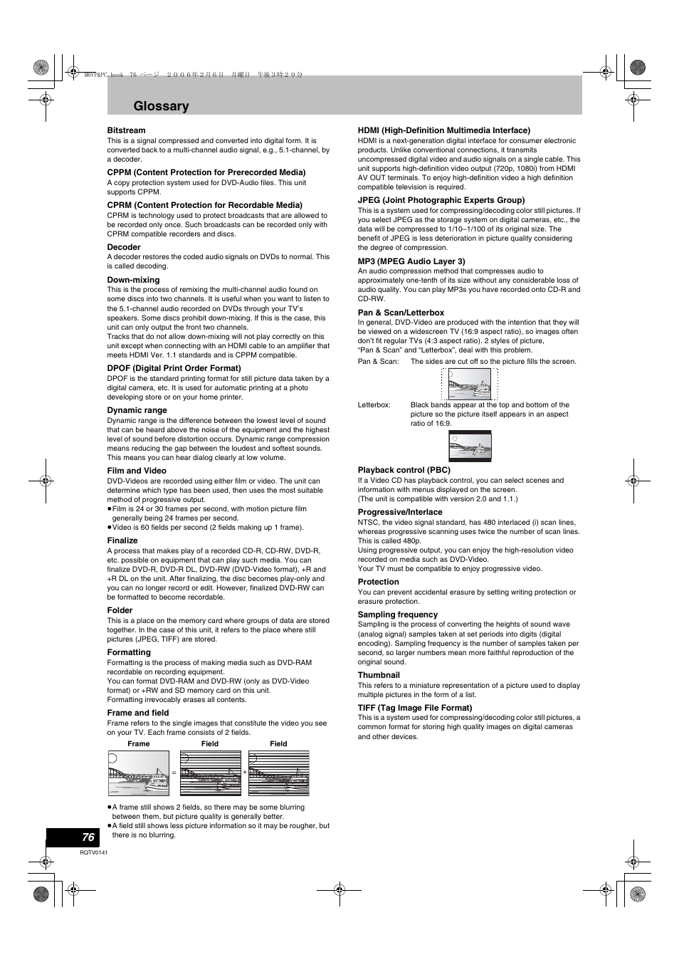 Glossary, L 76) c, L 76) | L 76) of, L 76) and, L 76) a, L 76, cp, Nalized, L 76) on, L 76, “film and video”) | Panasonic DMR-ES46V User Manual | Page 76 / 88