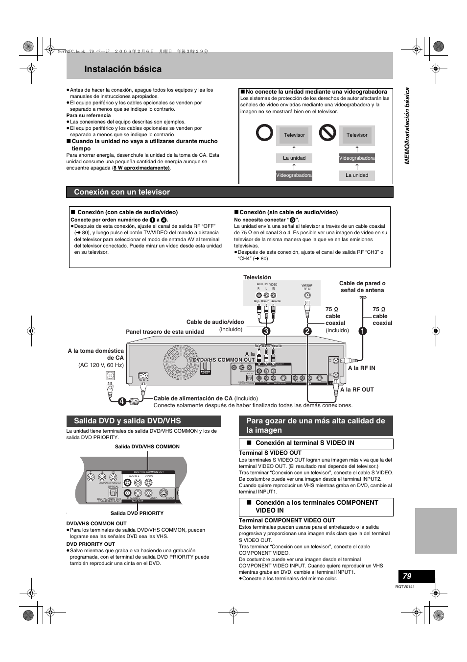 Instalación básica, Conexión con un televisor, Salida dvd y salida dvd/vhs | Para gozar de una más alta calidad de la imagen | Panasonic DMR-ES46V User Manual | Page 79 / 88