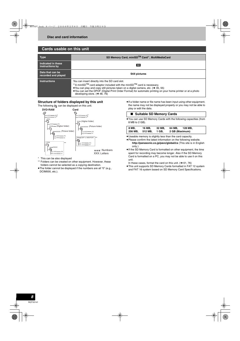 Cards usable on this unit | Panasonic DMR-ES46V User Manual | Page 8 / 88