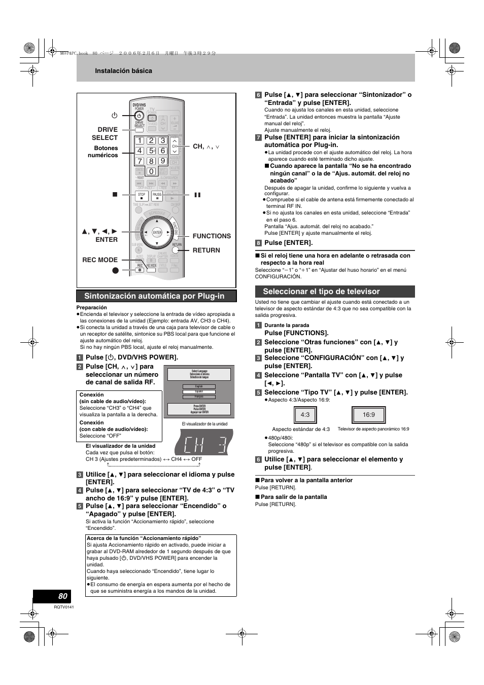 L 80), Sintonización automática por plug-in, Seleccionar el tipo de televisor | Panasonic DMR-ES46V User Manual | Page 80 / 88