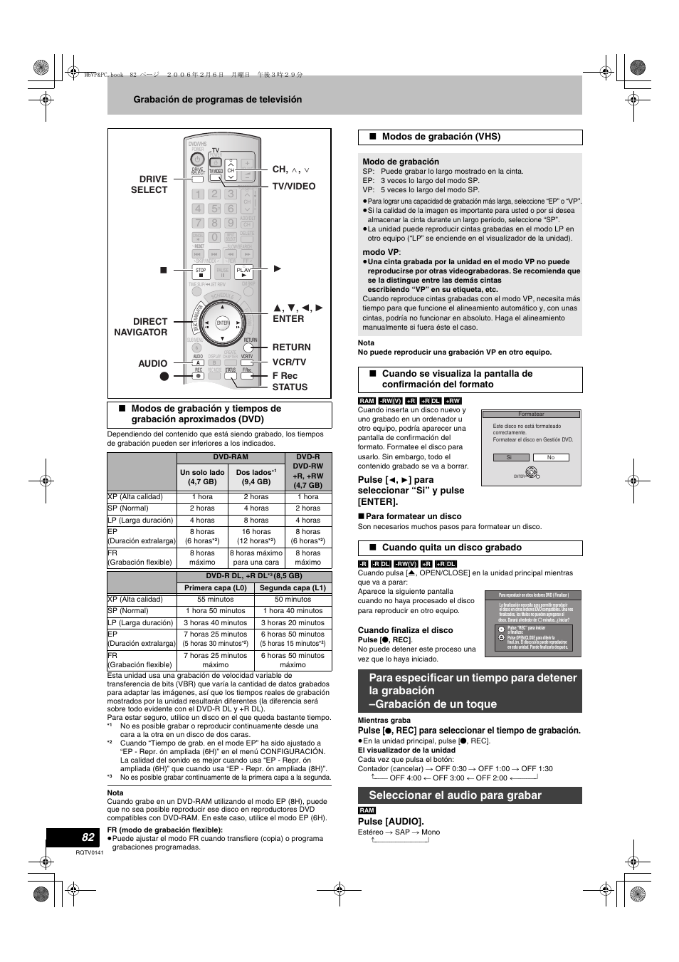 Grabación de programas de televisión, Pulse, Para seleccionar “si” y pulse [enter | Rec] para seleccionar el tiempo de grabación, Pulse [audio, Modos de grabación (vhs) | Panasonic DMR-ES46V User Manual | Page 82 / 88