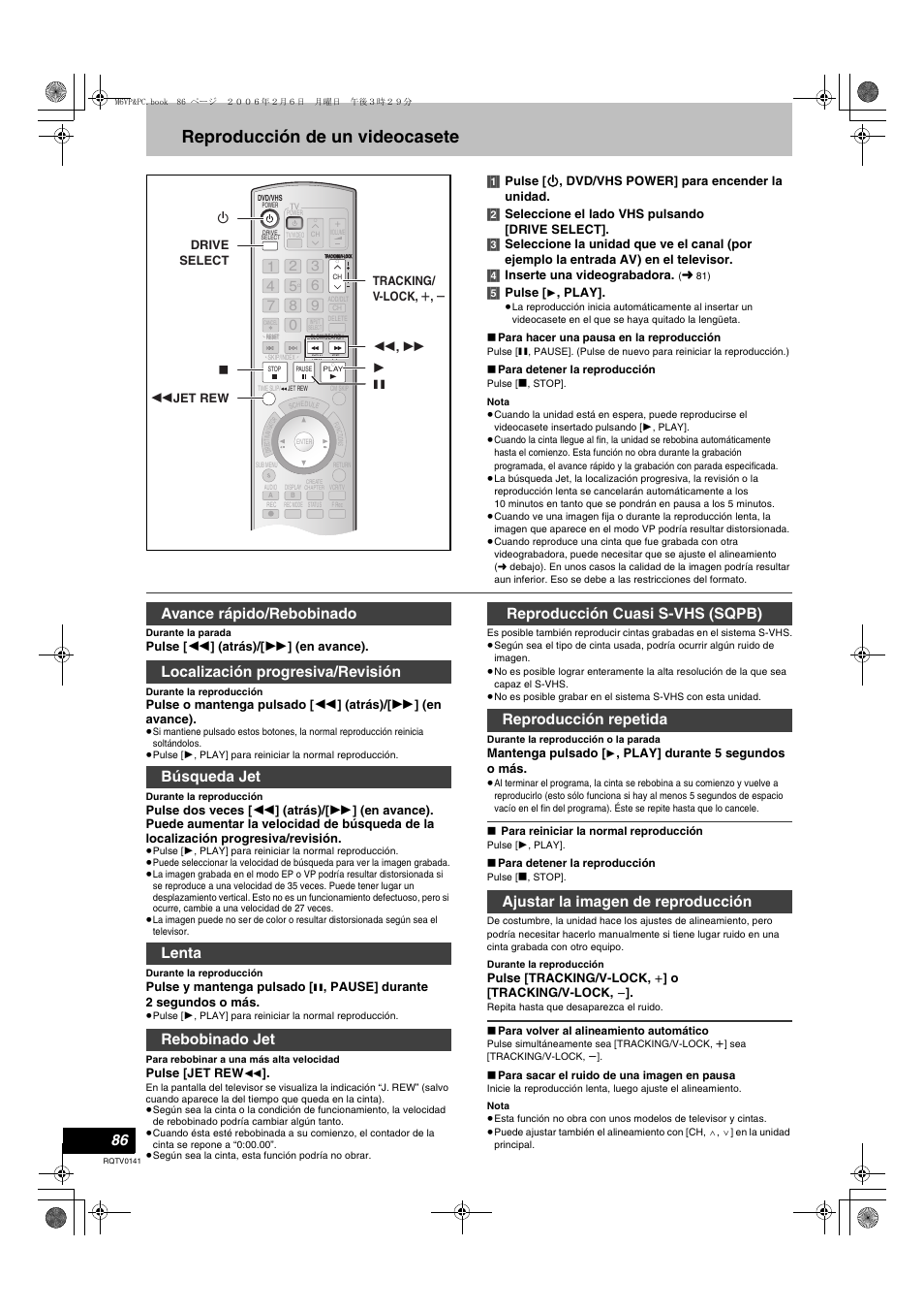 L 86), Reproducción de un videocasete | Panasonic DMR-ES46V User Manual | Page 86 / 88