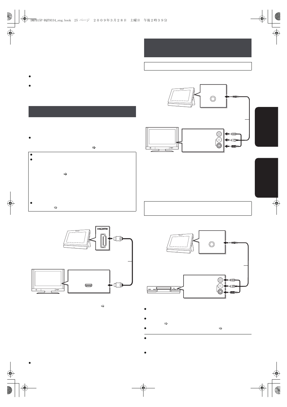 Connection, Using this unit with other equipment, Connection with the hdmi cable | Connection with the audio/video cable | Panasonic DMP-B15 User Manual | Page 25 / 52