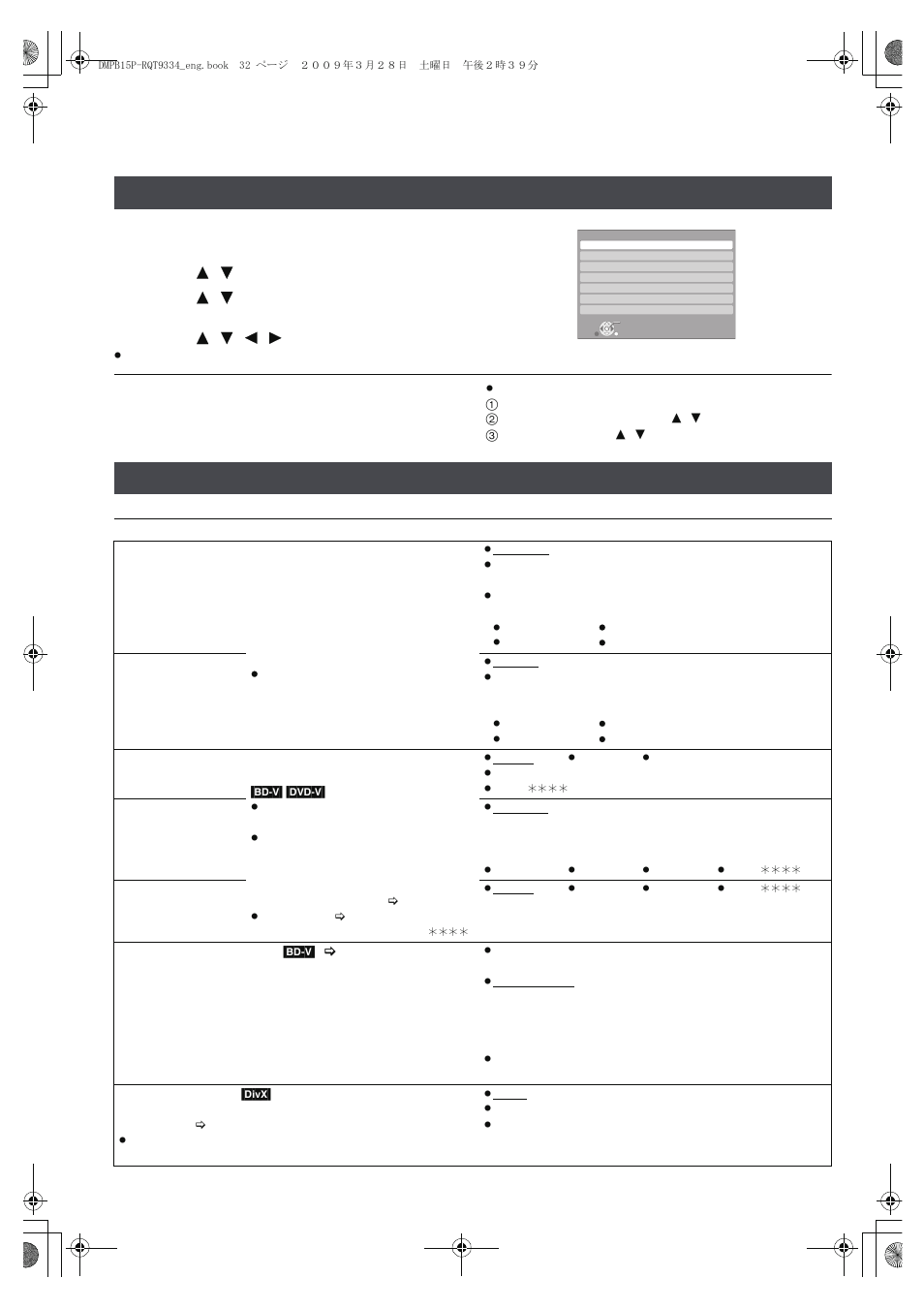 Settings, Changing the unit’s settings, Setup menu operations | Summary of settings | Panasonic DMP-B15 User Manual | Page 32 / 52