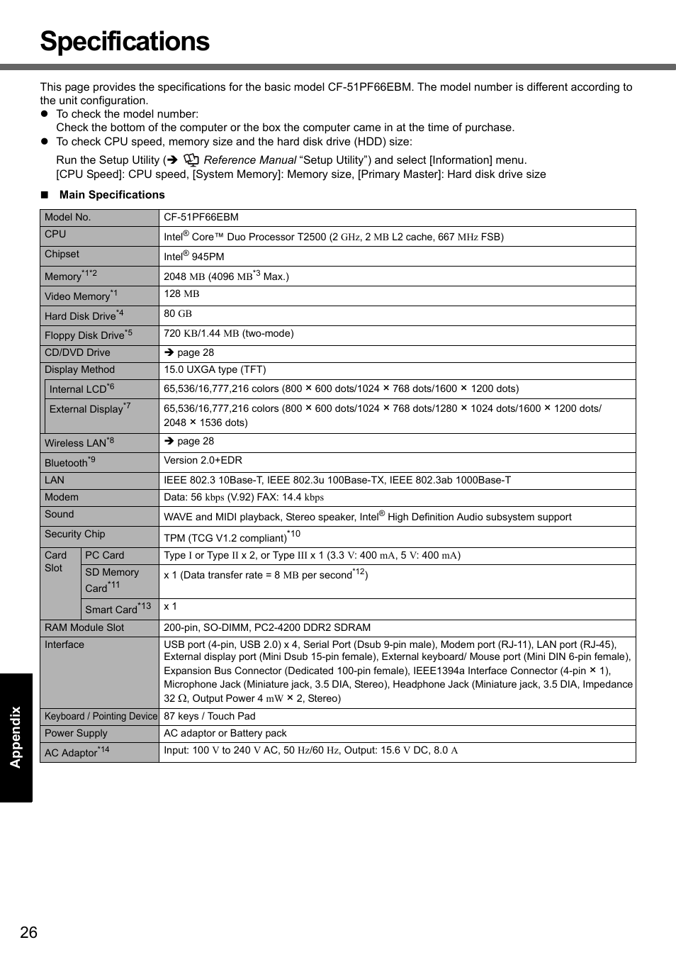 Specifications | Panasonic CF-51 User Manual | Page 26 / 32