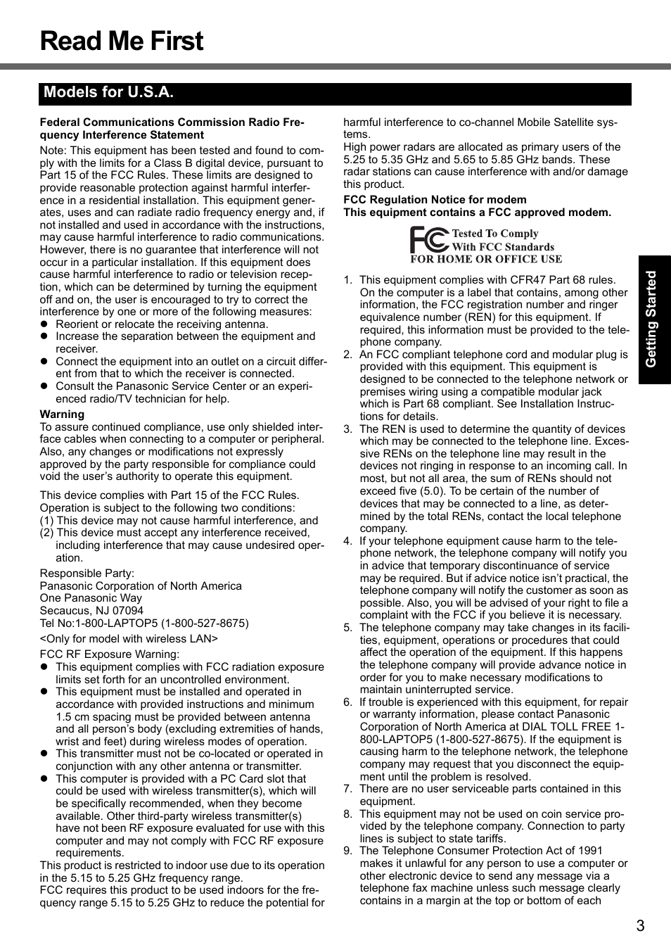 Read me first, Models for u.s.a | Panasonic CF-51 User Manual | Page 3 / 32