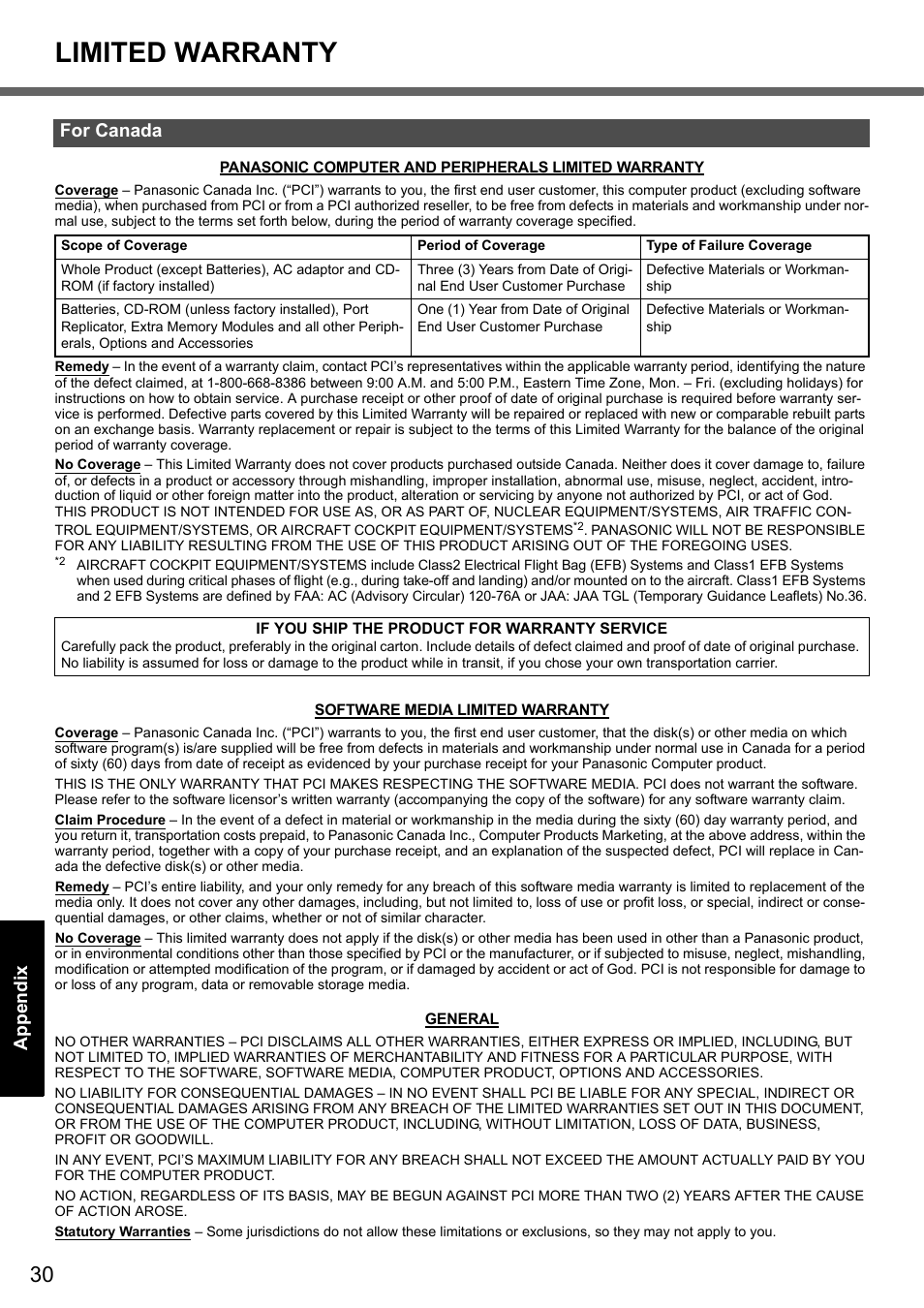 Limited warranty, For canada | Panasonic CF-51 User Manual | Page 30 / 32