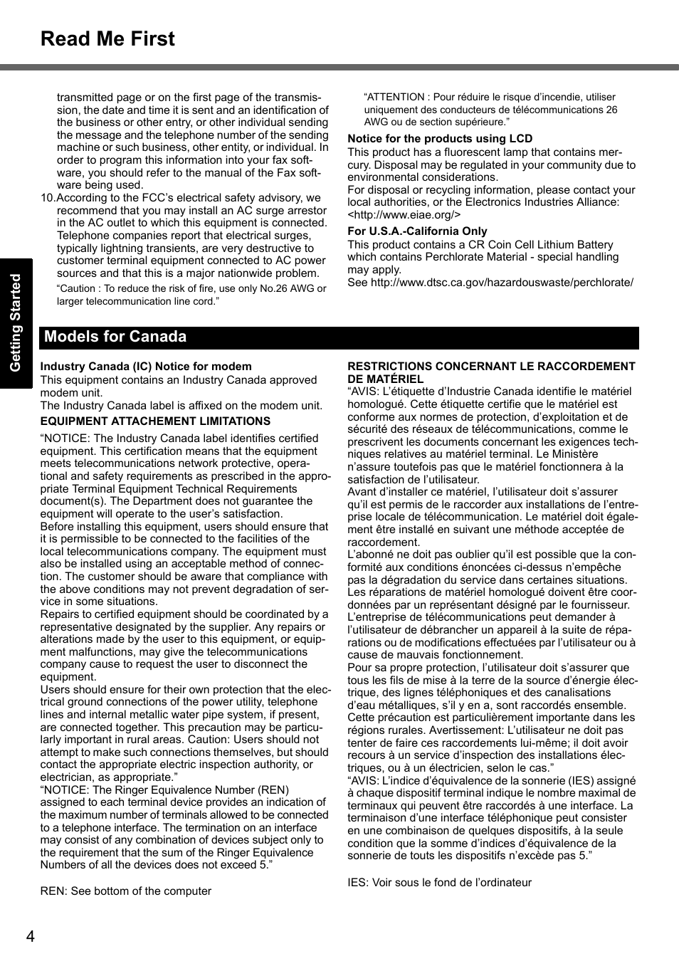 Read me first, Models for canada | Panasonic CF-51 User Manual | Page 4 / 32