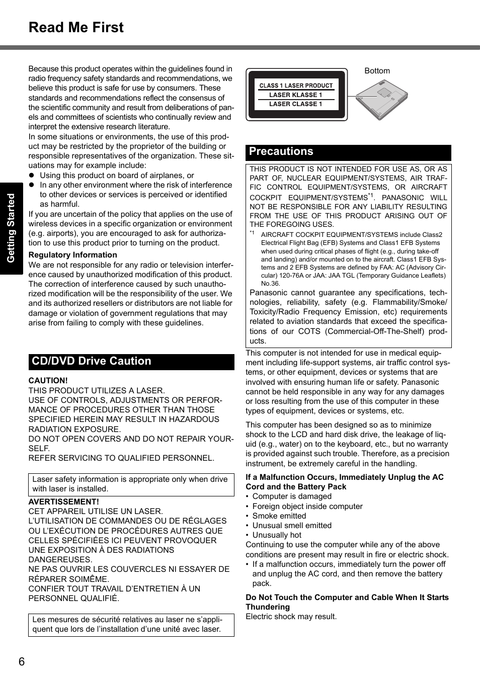 Read me first, Cd/dvd drive caution, Precautions | Panasonic CF-51 User Manual | Page 6 / 32