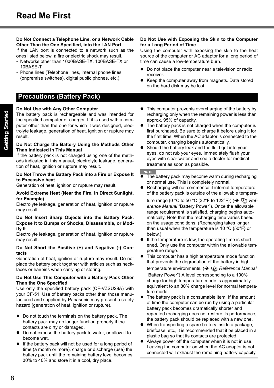 Read me first, Precautions (battery pack) | Panasonic CF-51 User Manual | Page 8 / 32