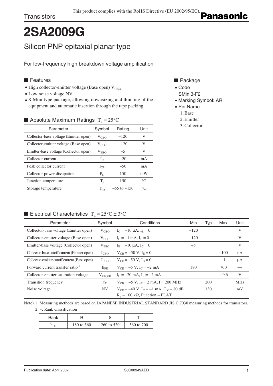 Panasonic 2SA2009G User Manual | 4 pages