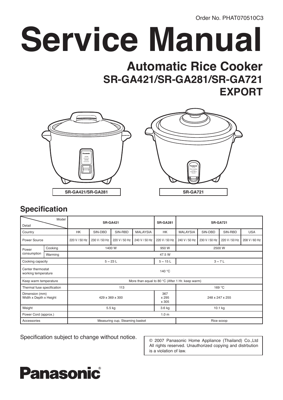 Panasonic SR-GA721 User Manual | 18 pages