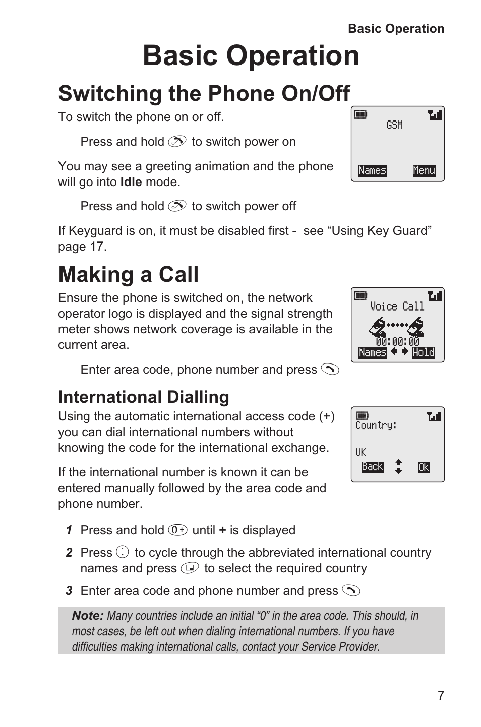Basic operation 7, Switching the phone on/off 7, Making a call 7 | Basic operation, Switching the phone on/off, Making a call, International dialling | Panasonic EB-GD35 User Manual | Page 11 / 70