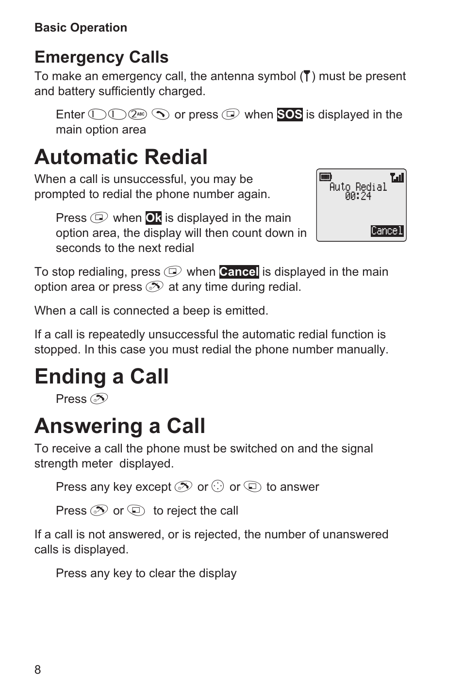 Automatic redial 8, Ending a call 8, Answering a call 8 | Automatic redial, Ending a call, Answering a call, Emergency calls | Panasonic EB-GD35 User Manual | Page 12 / 70