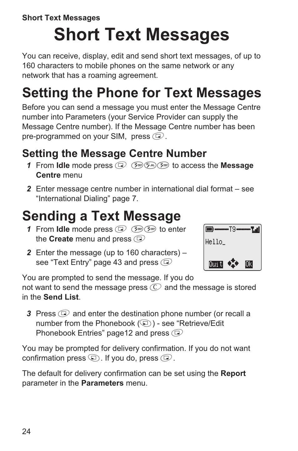 Short text messages 24, Setting the phone for text messages 24, Sending a text message 24 | Short text messages, Setting the phone for text messages, Sending a text message, Setting the message centre number | Panasonic EB-GD35 User Manual | Page 28 / 70