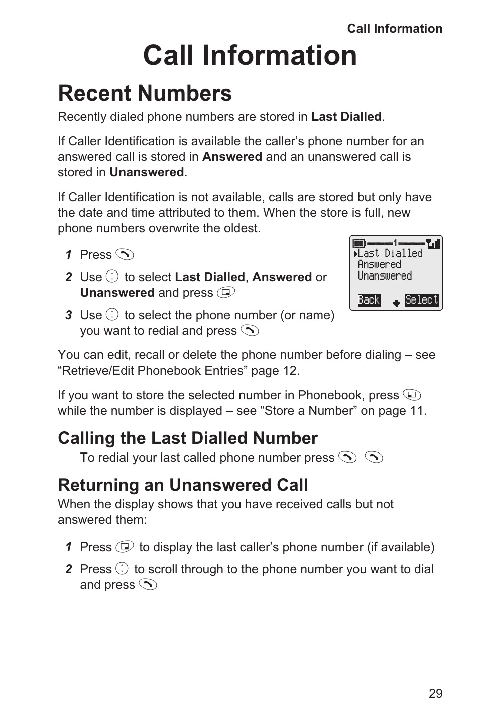 Call information 29, Recent numbers 29, Call information | Recent numbers, Calling the last dialled number, Returning an unanswered call | Panasonic EB-GD35 User Manual | Page 33 / 70