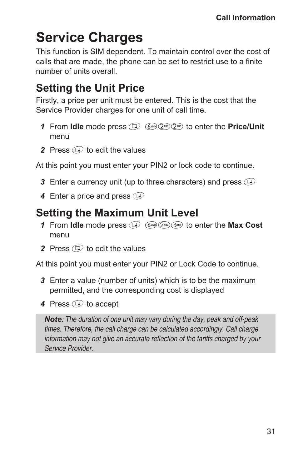 Service charges 31, Service charges, Setting the unit price | Setting the maximum unit level | Panasonic EB-GD35 User Manual | Page 35 / 70