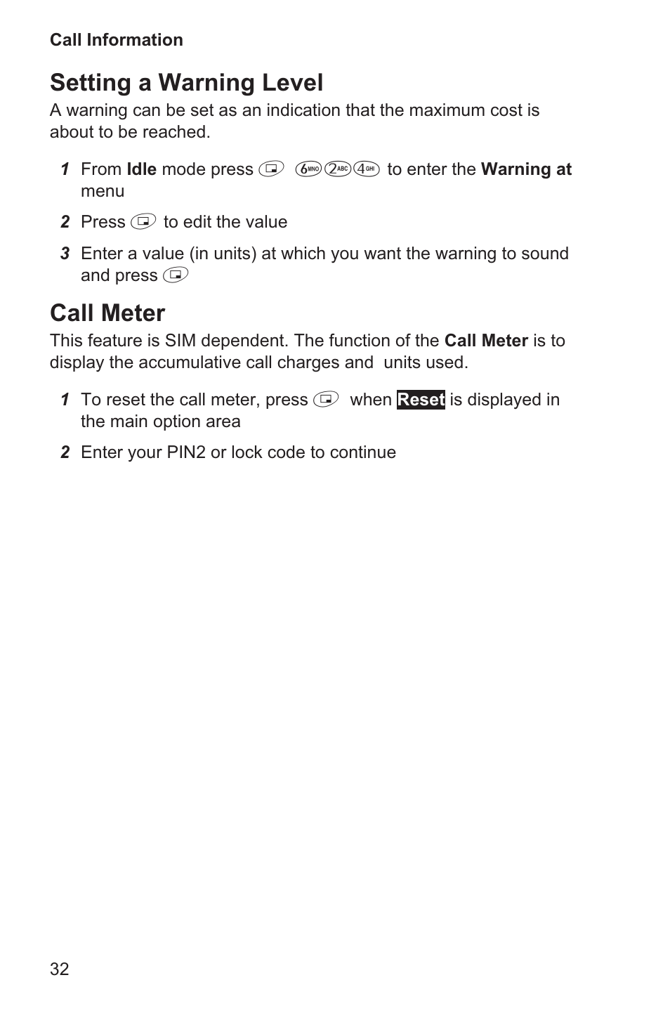 Setting a warning level, Call meter | Panasonic EB-GD35 User Manual | Page 36 / 70