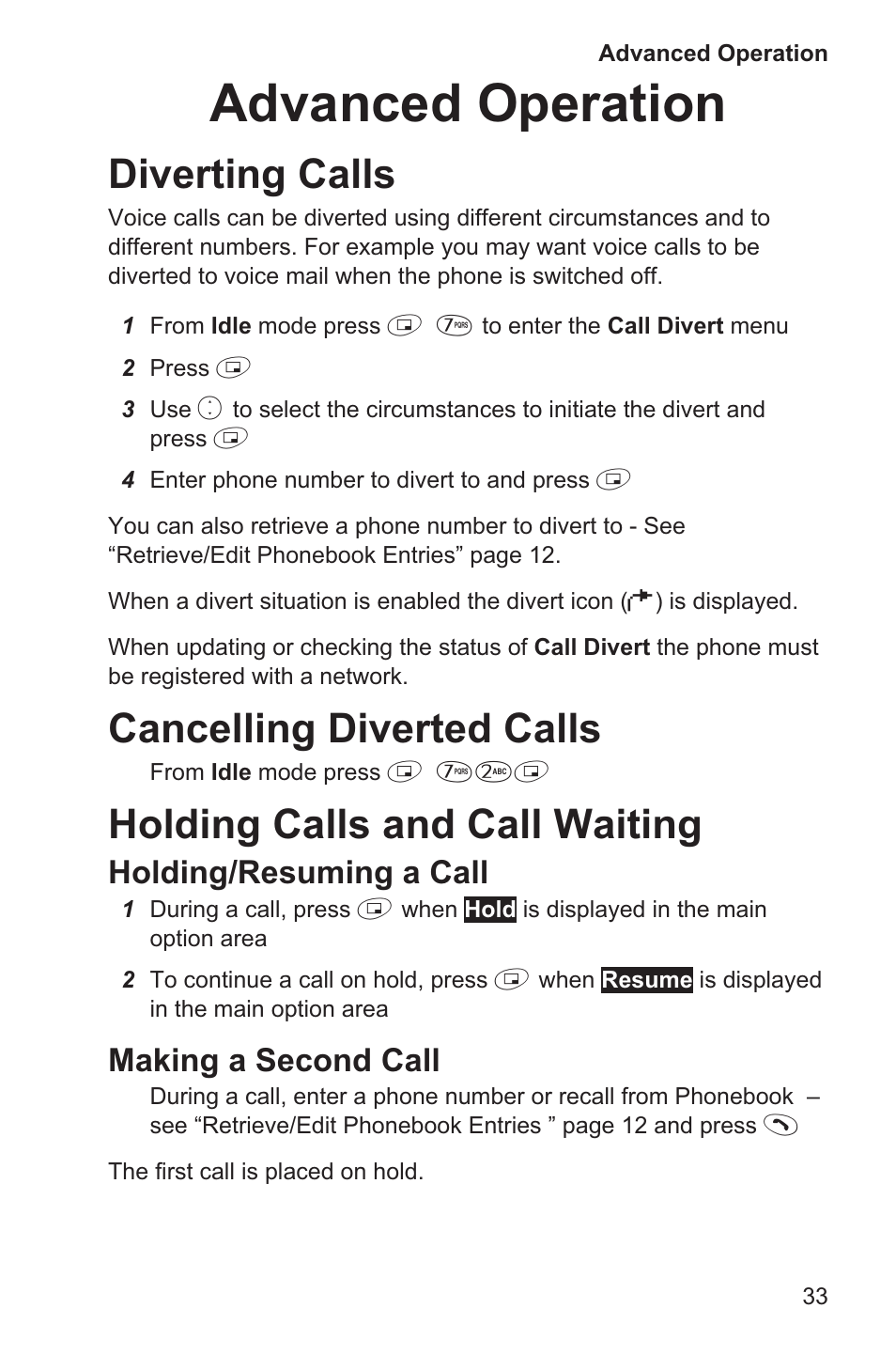 Advanced operation 33, Diverting calls 33, Cancelling diverted calls 33 | Holding calls and call waiting 33, Advanced operation, Diverting calls, Cancelling diverted calls, Holding calls and call waiting, Holding/resuming a call, Making a second call | Panasonic EB-GD35 User Manual | Page 37 / 70