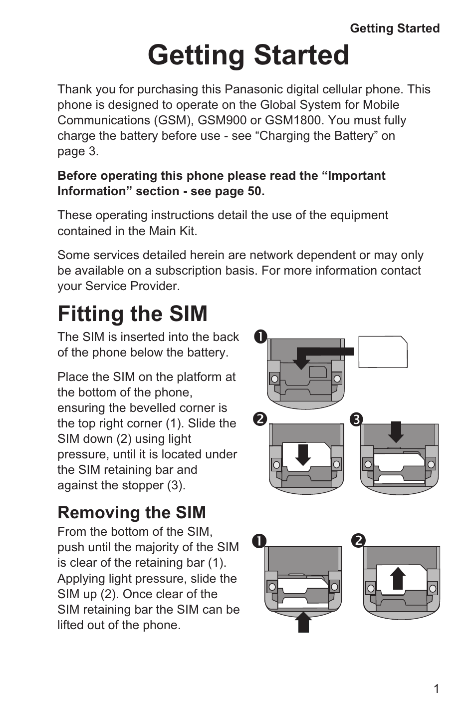 Getting started 1, Fitting the sim 1, Getting started | Fitting the sim, Removing the sim | Panasonic EB-GD35 User Manual | Page 5 / 70