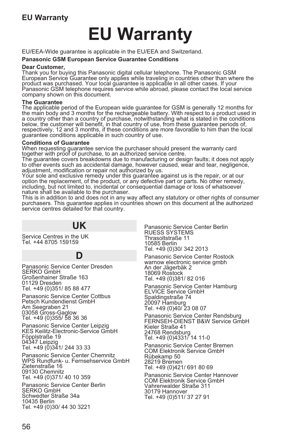 Eu warranty 56, Eu warranty, 56 eu warranty | Panasonic EB-GD35 User Manual | Page 60 / 70